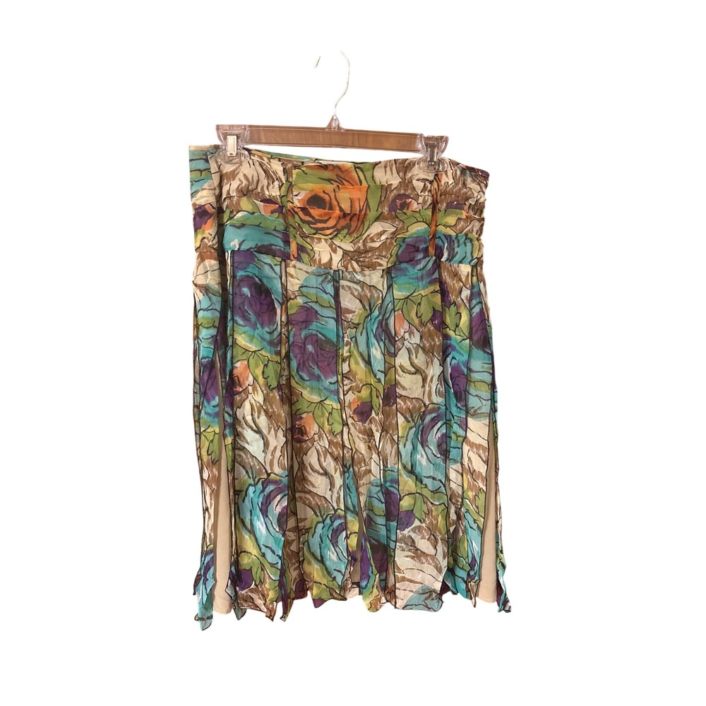 WD NY Womens 100% Silk Floral Pleated Knee Length Skirt Multi Color Size 10